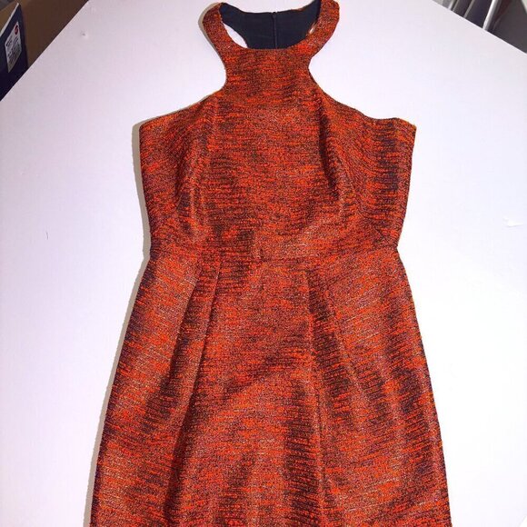 Hunter Dixon by Hunter Bell Orange Metallic Cocktail Dress size 2 Ring  Collar